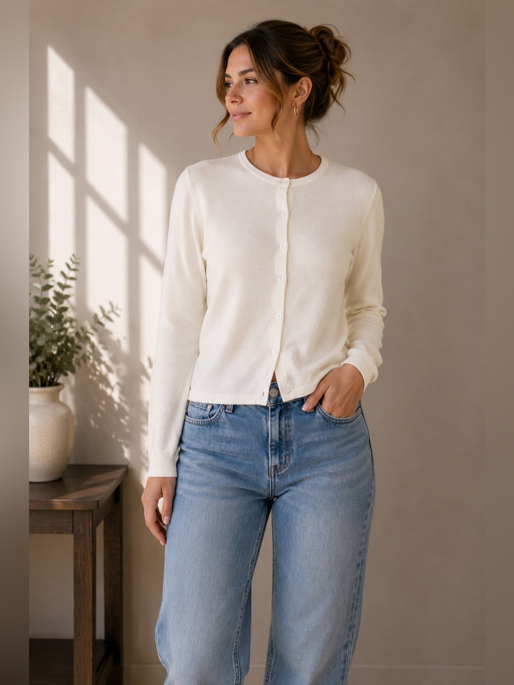 LIZ BAKER Ivory Button Front Cardigan Sweater